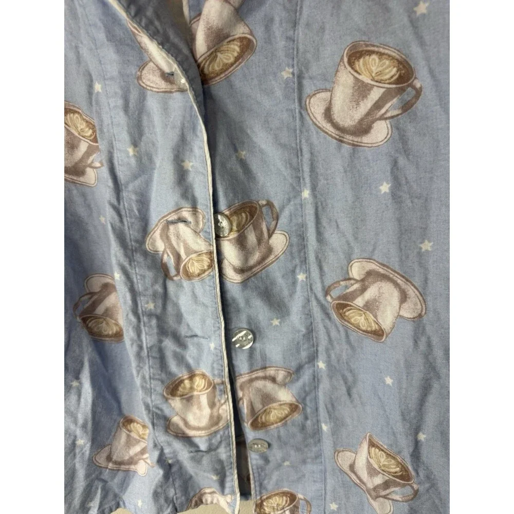 PJ Salvage Women's M Blue Cotton Flannel Button-Front Coffee Print Pajama Top